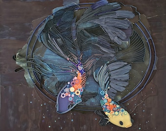 Paper quilling, koi Fish illustrations, colourful abstract, paper art, blue fish, ocean life, marine animals