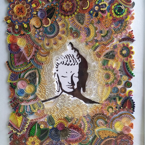 Buddha painting, Buddha art, religion art, quilling art, wall hanging, home decor, Buddha meditation art, Buddha in forest art, paper cut