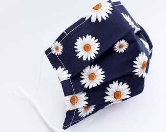 100% COTTON DAISY Face Mask Navy Blue 2 & 3 Layers White Floral Anti Fog Mask for Glasses with Nose Wire Filter Pocket Kids Adult Girl Women