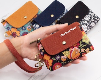 Floral Wallet, Floral Coin Purse Keychain Wristlet Wallet Women Small Zipper Pouch, RFID Wallet, Personalized Wallet, ID Travel Card Holder