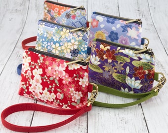 Japanese Wallet, Kimono Wallet Cherry Blossom Purse Japanese Coin Purse Keychain Wristlet Sakura Wallet RFID Wallet Women Small Zipper Pouch