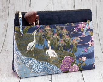 Floral Crane Bird Makeup Bag, Japanese Bird Cosmetic Bag, Personalized Bag, Kimono Makeup Bag, Toiletry Bag Women Wash Bag Makeup Organizers