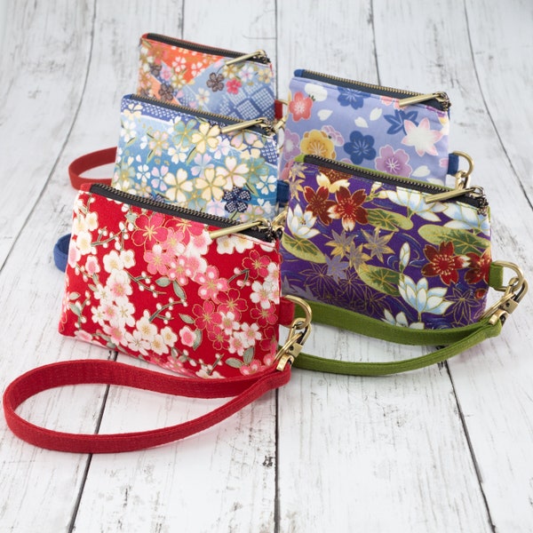 Cartera japonesa, cartera kimono, monedero de flor de cerezo, monedero japonés, llavero, pulsera Sakura, cartera RFID, cartera pequeña para mujer con cremallera