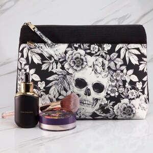 Skull Makeup Bag Floral, Gothic Cosmetic Bag, Toiletry Bag Women, Make Up Organizer, Womens Wash Bag, Large Pencil Case M12-3