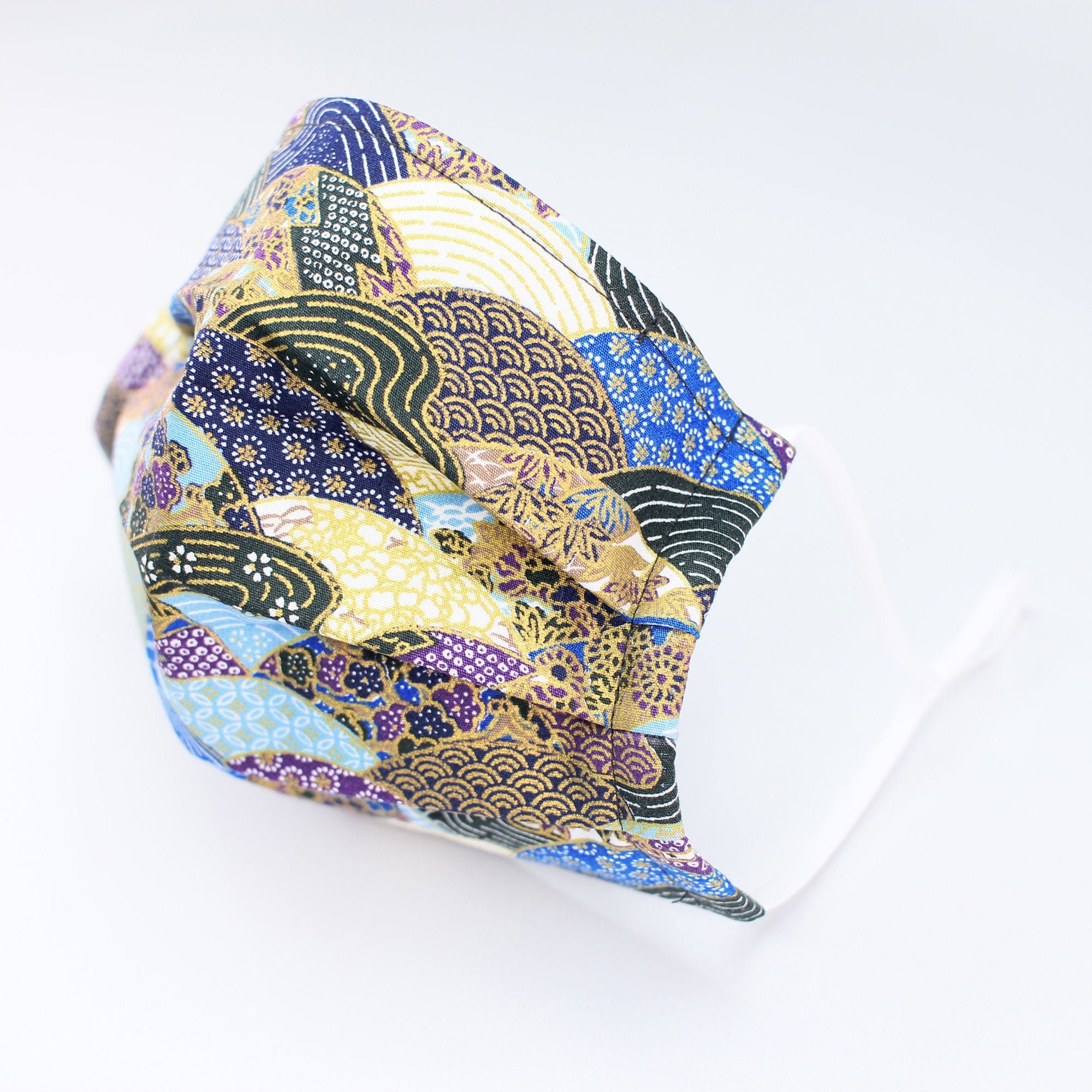 JAPANESE 100% COTTON SEIGAIHA Face Mask with Nose Wire Blue Gold Kimo…