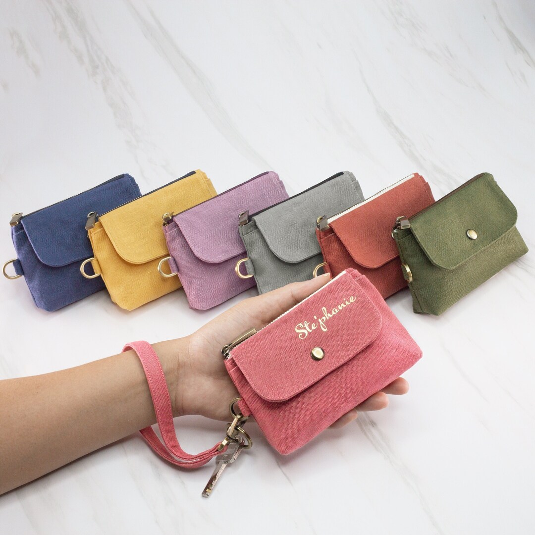 Linen Wallet, Linen Coin Purse Keychain Wristlet Wallet Women Small