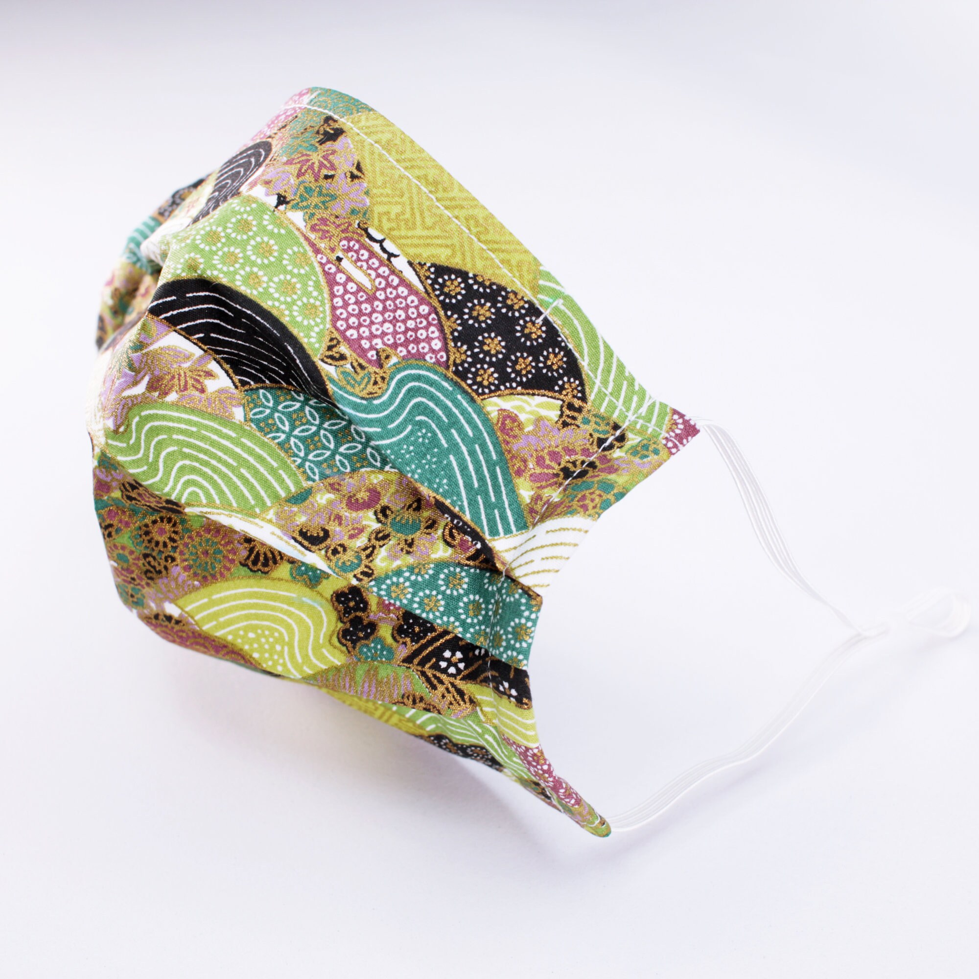 JAPANESE 100% COTTON SEIGAIHA Face Mask with Nose Wire Green Gold Kim…