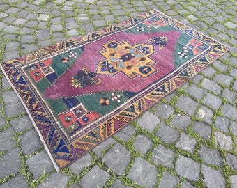 Alfombra Oushak hecha a mano, alfombra turca vintage de lana de 2,5 x 4,4 pies. Libre de impuestos.