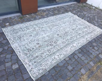 Vintage Turkish Area Rug, Distressed Floral Carpet, Light Green Oushak Rug