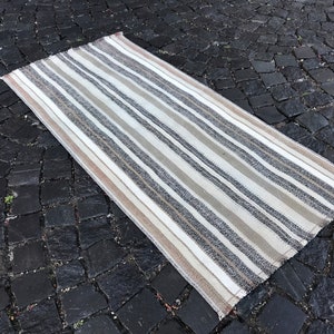 May include: A rectangular rug with alternating stripes of white, beige, grey, and brown. The rug is made of woven fabric and has a simple design. The rug is placed on a dark, textured surface.