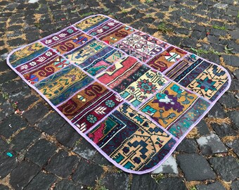 Handmade Patchwork Area Rug, Vintage Turkish Oushak, 3.7 x 2.7 ft Tax Free