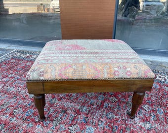 Vintage Teppich Ottoman Bank, Massiv Buchenholz, Türkischer Teppich Hocker, Boho Dekor