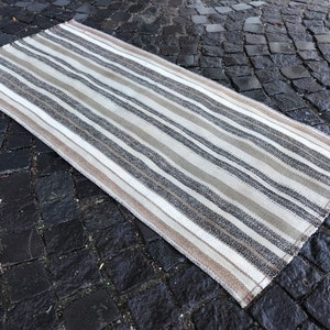 May include: A rectangular rug with a striped design. The rug has alternating stripes of white, beige, grey, and brown. The rug is made of woven material and is placed on a dark, textured surface.