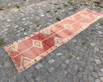 Vintage Turkish Runner Rug, Handmade Wool, Boho Hallway Decor (2.4 x 11 ft) Tax Free