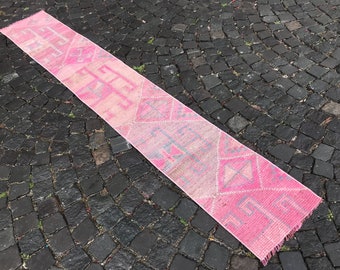 Vintage Turkish Runner Rug, Pink Geometric Kilim, Small Hallway