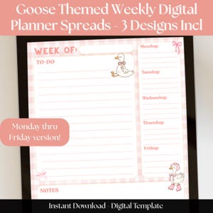 Silly Goose 5 Day Weekly Digital Planner | iPad & Tablet Planner Spread | Undated Weekly Layout | Gingham Goose Cottage Bows | GoodNotes
