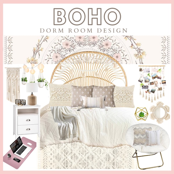 BOHO Dorm Room Decor|Girl Dorm Room Shopping List|Interior Design|BOHO Decor|Decorating|Cozy Chic|Dorm Room Decorating|Mood Board|Blush Pink