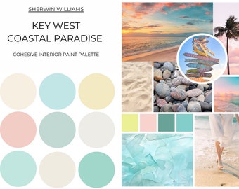 Sherwin Williams Key West Tropical Paradise Paint Palette, Coastal Paint Palette, Pastels, Paint Cohesive Whole House Color Palette