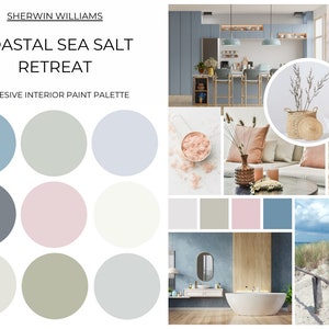 Sherwin Williams Sea Salt Cottage Core Coastal Paint Palette, Coastal Paint Palette, Coastal Retreat, Pastels, Cohesive Home Color Palette