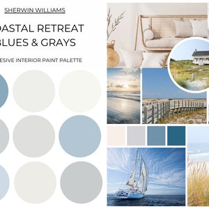 Sherwin Williams Coastal Beach Cottage Blue and Gray Paint Palette, Coastal Paint Palette, Coastal Blue, Cohesive Home Color Palette