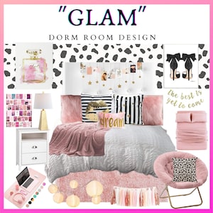 GLAM Dorm Room Decor|Girl Dorm Room Shopping List|Interior Design|Glam Decor|Decorating|Blush Pink Decor|Dorm Room Decorating|Mood Board