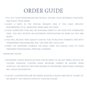 May include: A white document with the title "ORDER GUIDE" in a dark blue font. The document provides instructions on how to order, including personalization details, file formats, and revision policies. The text is in a clear, easy-to-read font.