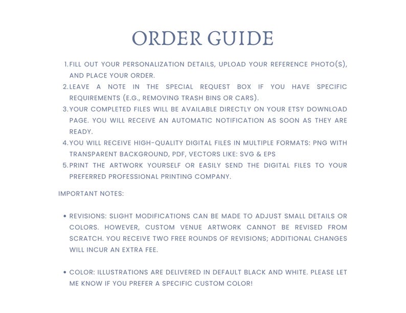 May include: A white document with the title "ORDER GUIDE" in a dark blue font. The document provides instructions on how to order, including personalization details, file formats, and revision policies. The text is in a clear, easy-to-read font.