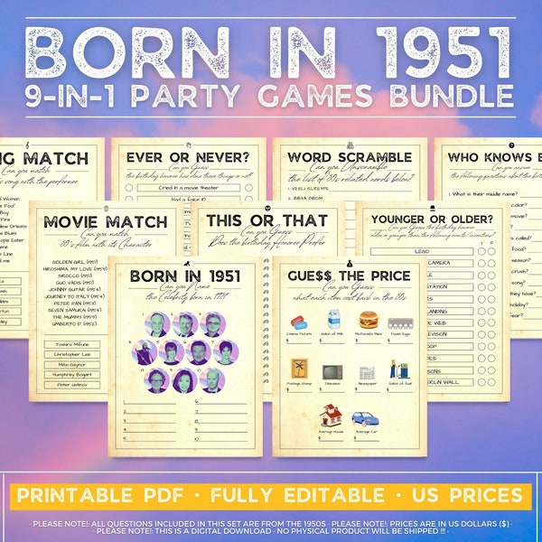 Born In 1951 Games Bundle, Birthday Games, 71st Birthday Party Games, 71st Birthday Games, 1950s Trivia Game, 1950s Quiz, Printable Games