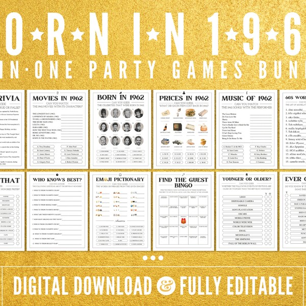 Born In 1962, Game Bundle, Birthday Games, 61st Birthday Party Games, 61st Birthday Games, 1962 Trivia Game, 1962 Quiz, Printable Games