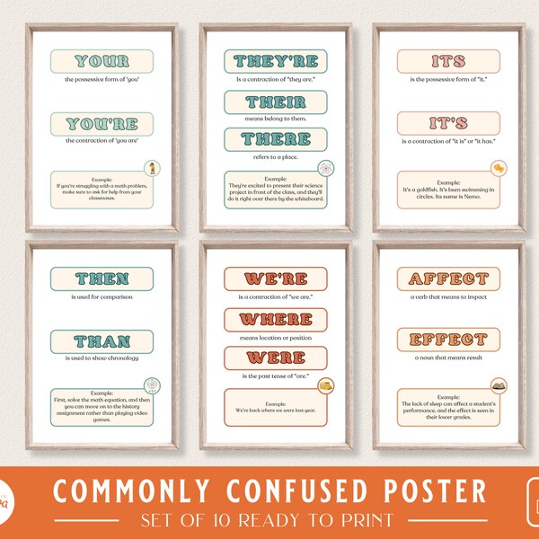 Commonly Confused Words Poster Set | Set of 10 | English Classroom Decor | Middle High School | Homophones Printable | Writing Poster