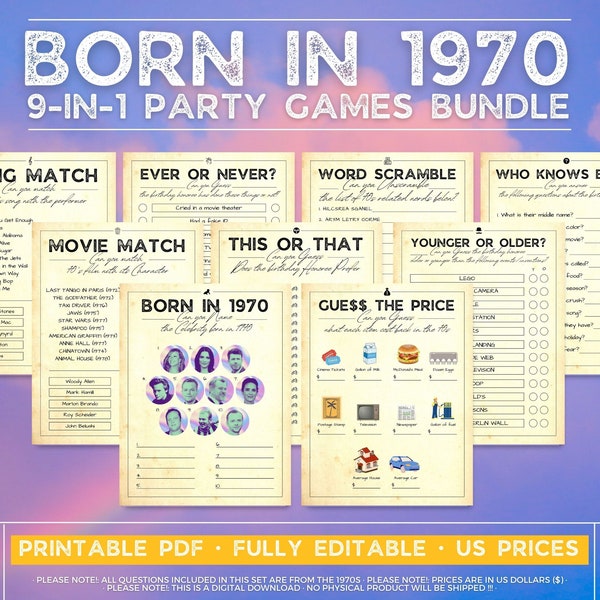 Born In 1970 Games Bundle, Birthday Games, 52nd Birthday Party Games, 52nd Birthday Games, 1970s Trivia Game, 1970s Quiz, Printable Games