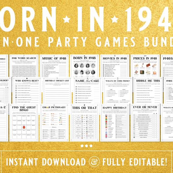 75th Birthday Party Games, Born In 1948 Games Bundle, 75th Birthday Games, 1948 Trivia Game, 1948 Quiz, Printable Games