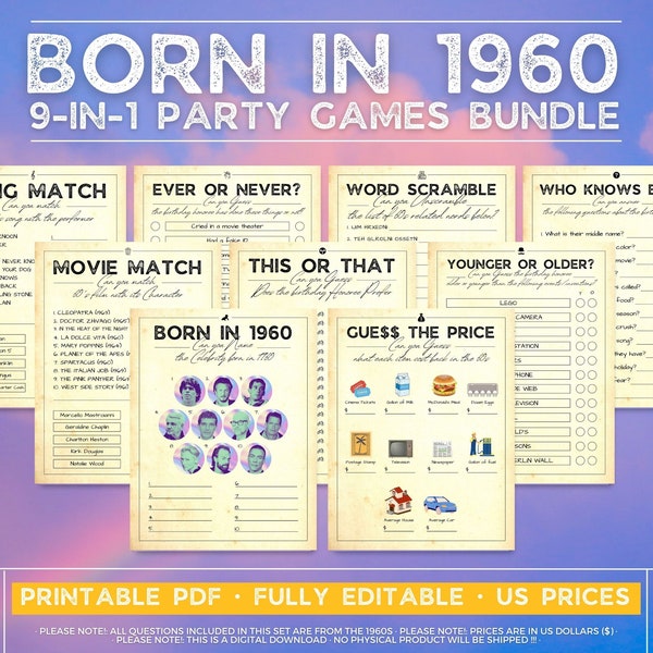 Born In 1960 Games Bundle, Birthday Games, 62nd Birthday Party Games, 62nd Birthday Games, 1960s Trivia Game, 1960s Quiz, Printable Games
