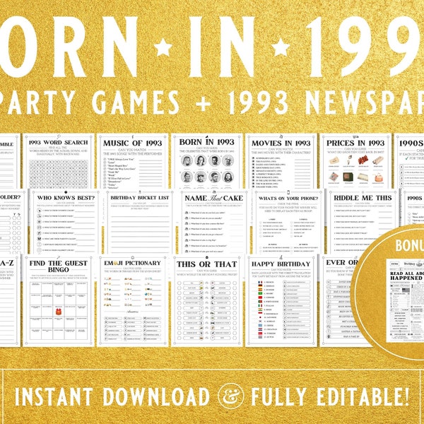 30th Birthday Games Bundle 1993 Birthday Game 30th Birthday Party Activities Him Her Men Women Born in 1993 Game Quiz Trivia PRINTABLE GAMES