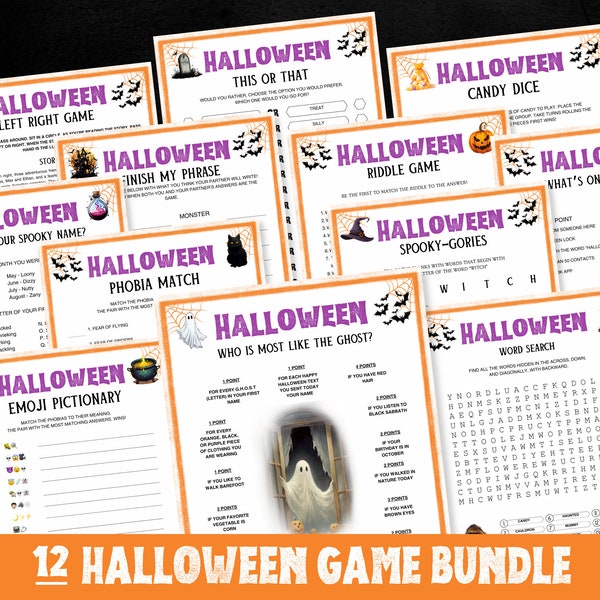 Halloween Games, Halloween 12 Game Bundle, Halloween Party Games, Halloween Games Printable, Halloween Game, Adults and Kids Halloween Games