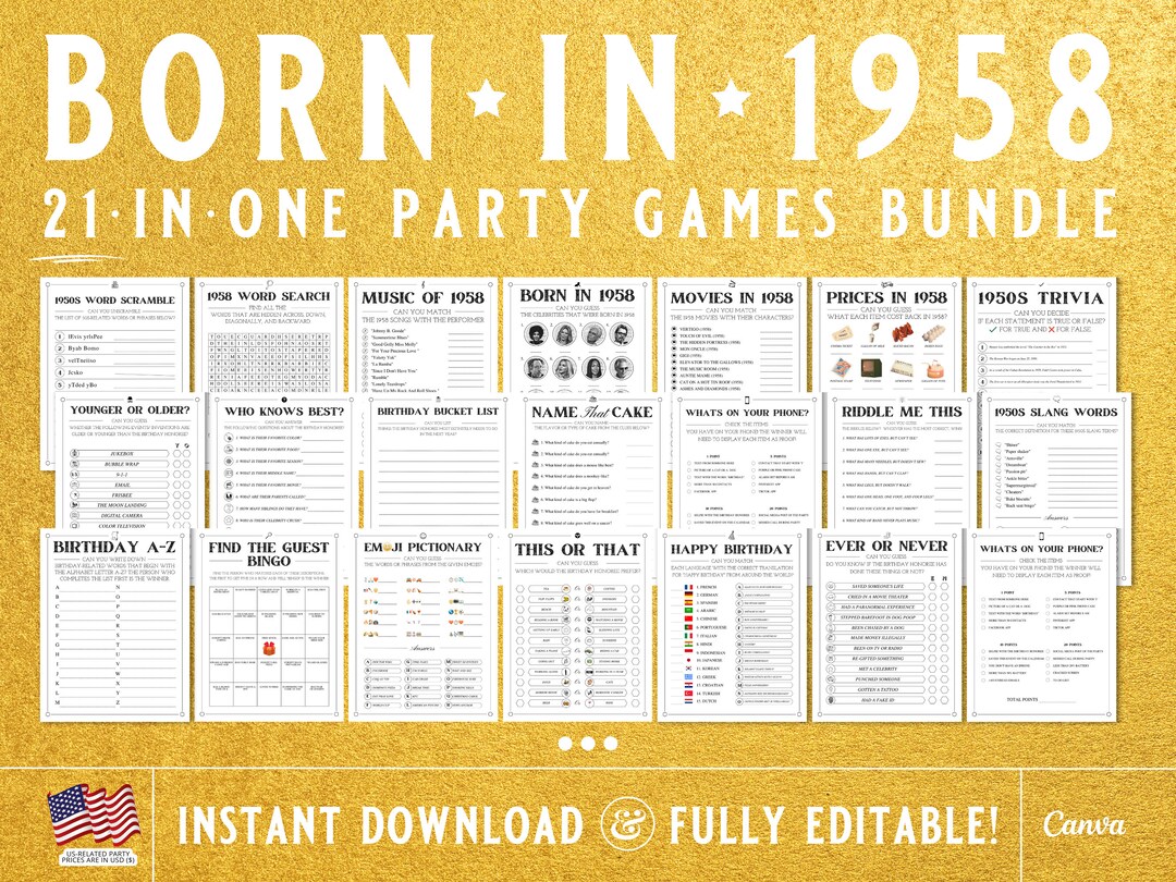 65th Birthday Party Games, Born in 1958 Games Bundle, 65th Birthday ...