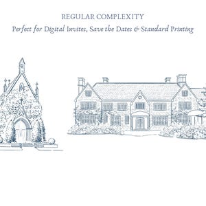 May include: Line drawing of a church and a large house. The church has a pointed roof and arched doorway, covered in foliage. The house has multiple windows and a symmetrical facade. Text at the top reads "REGULAR COMPLEXITY".