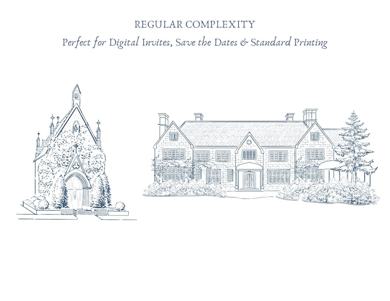 May include: Line drawing of a church and a large house. The church has a pointed roof and arched doorway, covered in foliage. The house has multiple windows and a symmetrical facade. Text at the top reads "REGULAR COMPLEXITY".