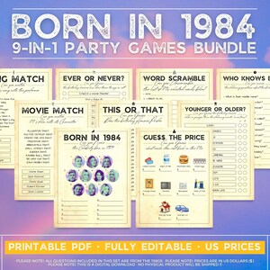 Born In 1984 Games Bundle, Birthday Games, 38th Birthday Party Games, 38th Birthday Games, 1980s Trivia Game, 1980s Quiz, Printable Games