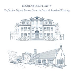 May include: Two architectural illustrations in blue ink on a white background. The top image depicts a stately building with multiple windows and a detailed facade. The bottom image shows a building with a sloped roof and a chimney. Text at the top reads "REGULAR COMPLEXITY".