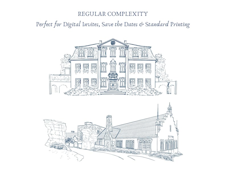 May include: Two architectural illustrations in blue ink on a white background. The top image depicts a stately building with multiple windows and a detailed facade. The bottom image shows a building with a sloped roof and a chimney. Text at the top reads "REGULAR COMPLEXITY".
