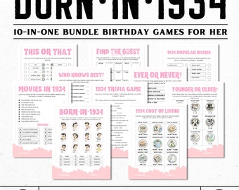 90th Birthday Games, 90th Birthday Games for Women, 90th Birthday Party Games for Her, Born In 1934, 1934 Trivia Game For Her Birthday Party