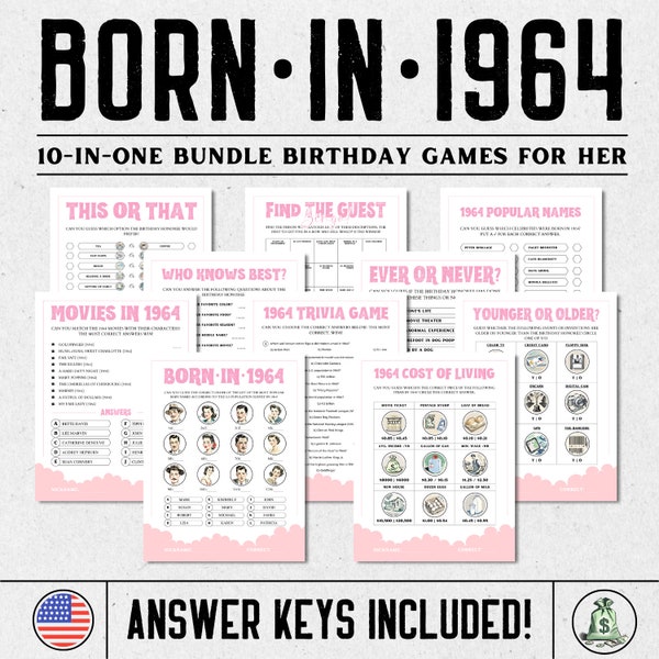 60th Birthday Games, 60th Birthday Games for Women, 60th Birthday Party Games for Her, Born In 1964, 1964 Trivia Game For Her Birthday Party
