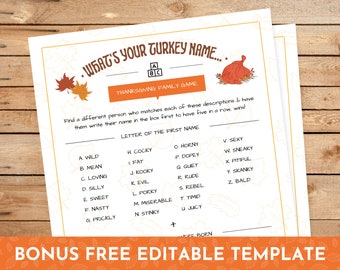 Thanksgiving Whats Your Turkey Name Game| Thanksgiving Games | Thanksgiving Printable Games | Fun Thanksgiving Day Trivia Game