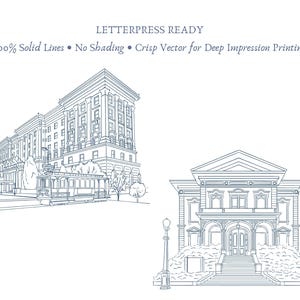 May include: Two architectural line drawings in navy blue on a white background. The top drawing depicts a large building with columns and a trolley. The bottom drawing shows a smaller building with a grand entrance. Text at the top says "LETTERPRESS READY".