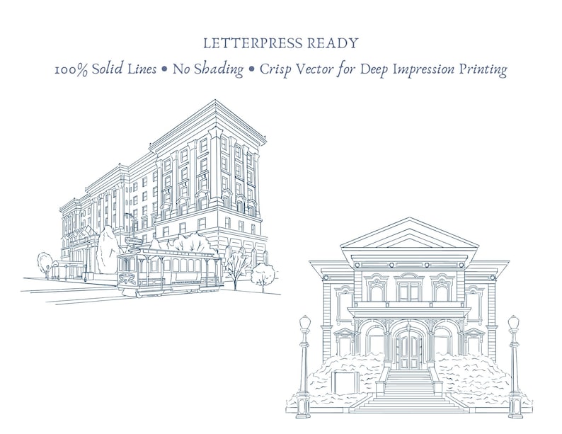 May include: Two architectural line drawings in navy blue on a white background. The top drawing depicts a large building with columns and a trolley. The bottom drawing shows a smaller building with a grand entrance. Text at the top says "LETTERPRESS READY".