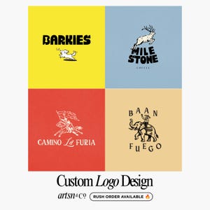 May include: A grid of four logo designs on yellow, blue, red, and beige backgrounds. Logos include Barkies with a dog, Milestone Coffee with a deer, Camino La Furia with a rider, and Baan Fuego with an elephant. Text reads Custom Logo Design, artsn&co.