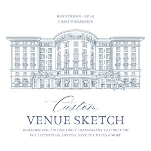 May include: A detailed line drawing of a building, likely a hotel, with the text "THE FAIRMONT COPLEY PLAZA". The image includes the text "Custom VENUE SKETCH" and "HAND DRAWN - NO AI". The drawing is in shades of blue on a white background.