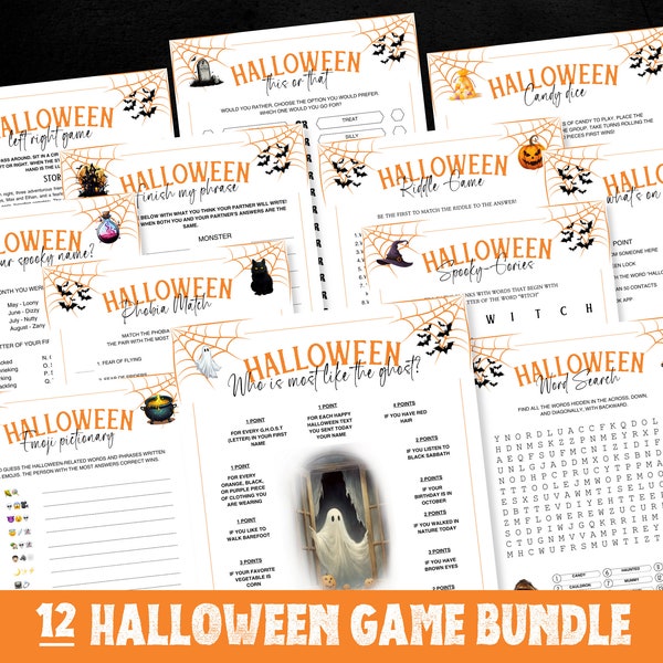 Juegos de Halloween, Paquete de 12 juegos de Halloween, Juegos de fiesta de Halloween, Juegos de Halloween imprimibles, Juego de Halloween, Juegos de Halloween para adultos y niños