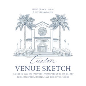 May include: A hand-drawn custom venue sketch in blue, featuring a detailed illustration of a building with palm trees. The text includes "Hand Drawn - No AI" and "3 Days Turnaround". The design is suitable for letterpress, invites, and save the dates.